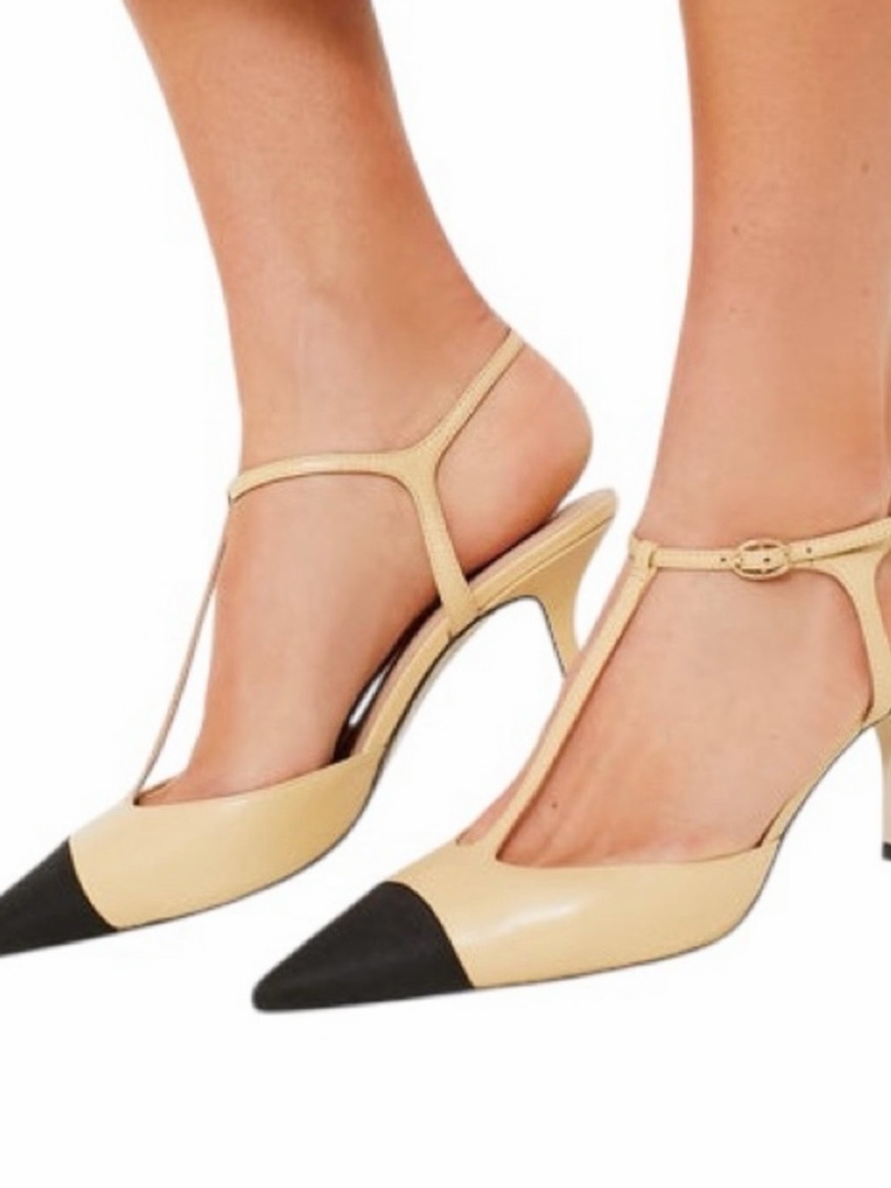 Tuckernuck Margot Two-Tone T‑Strap Pointed-Toe Heels in Beige and Black NWOB